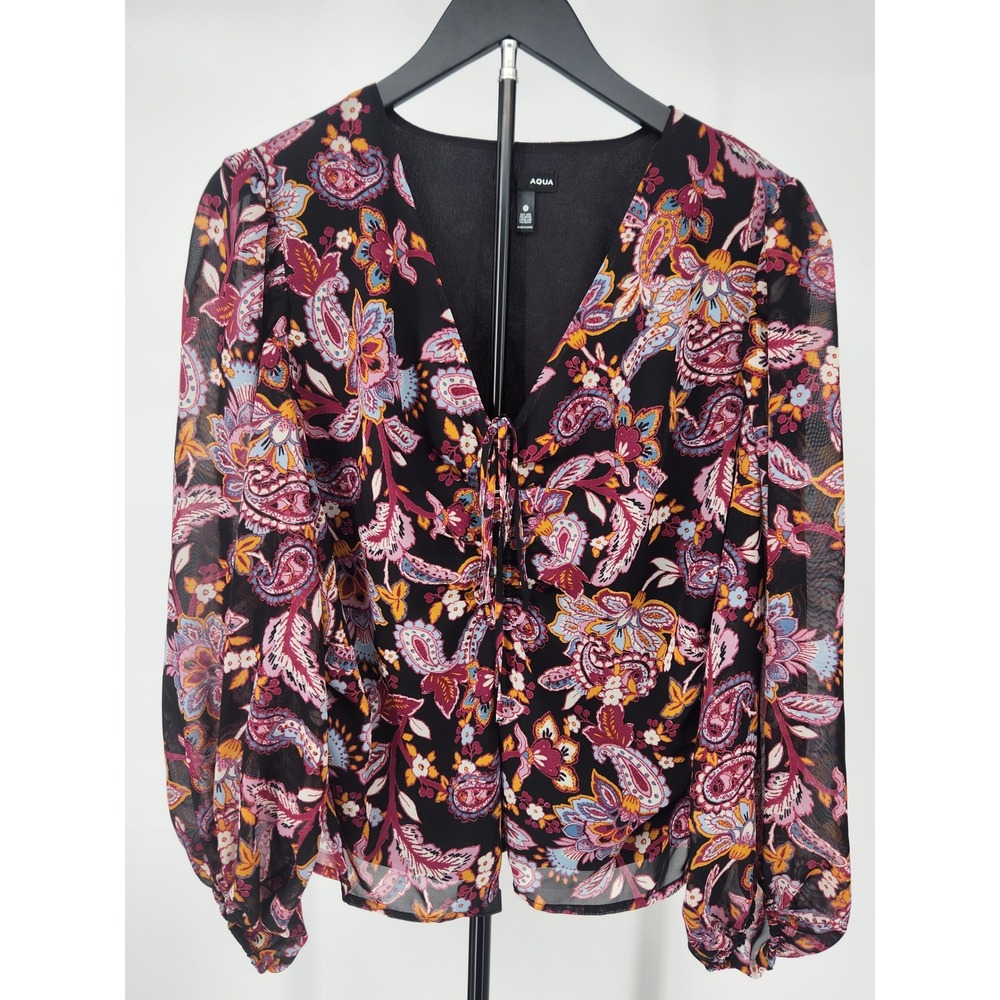 AQUA Womens XL Paisley Floral Chiffon V-Neck Tie Front Bishop Sleeve Blouse NWT